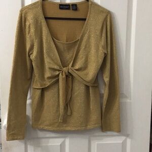 BAY STUDIOS Metallic Gold Tie-Front Long Sleeve Top, M